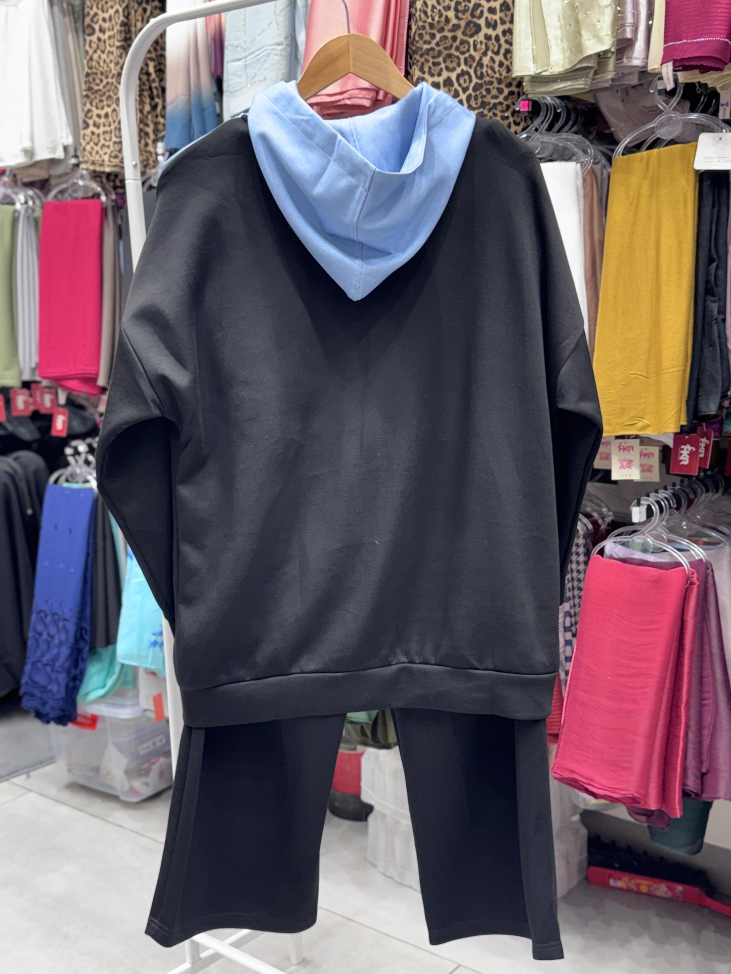 Turkish cord set back view in black and blue with hooded zip-up jacket
