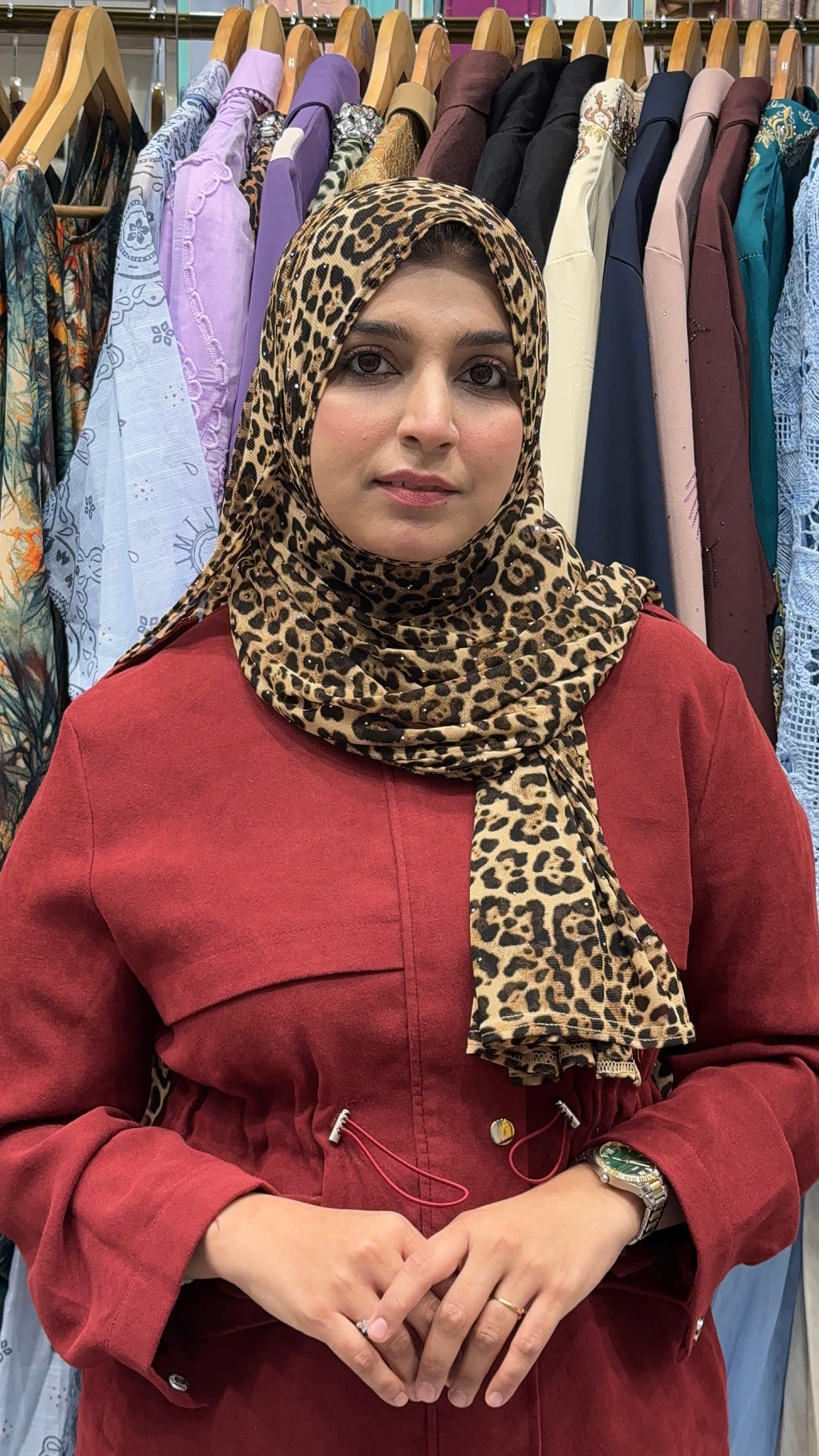 Front view of Printed Jersey HijabPremium Soft Stretch Modest ScarfStylish • Comfortable • ElegantLightweight Comfort • Everyday FashionEffortless Style